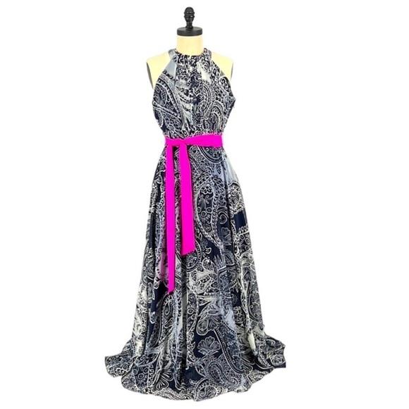 Eliza J Maxi Floral Halter Special Occasion Dress in Navy/Grey - 8 - Picture 1 of 9